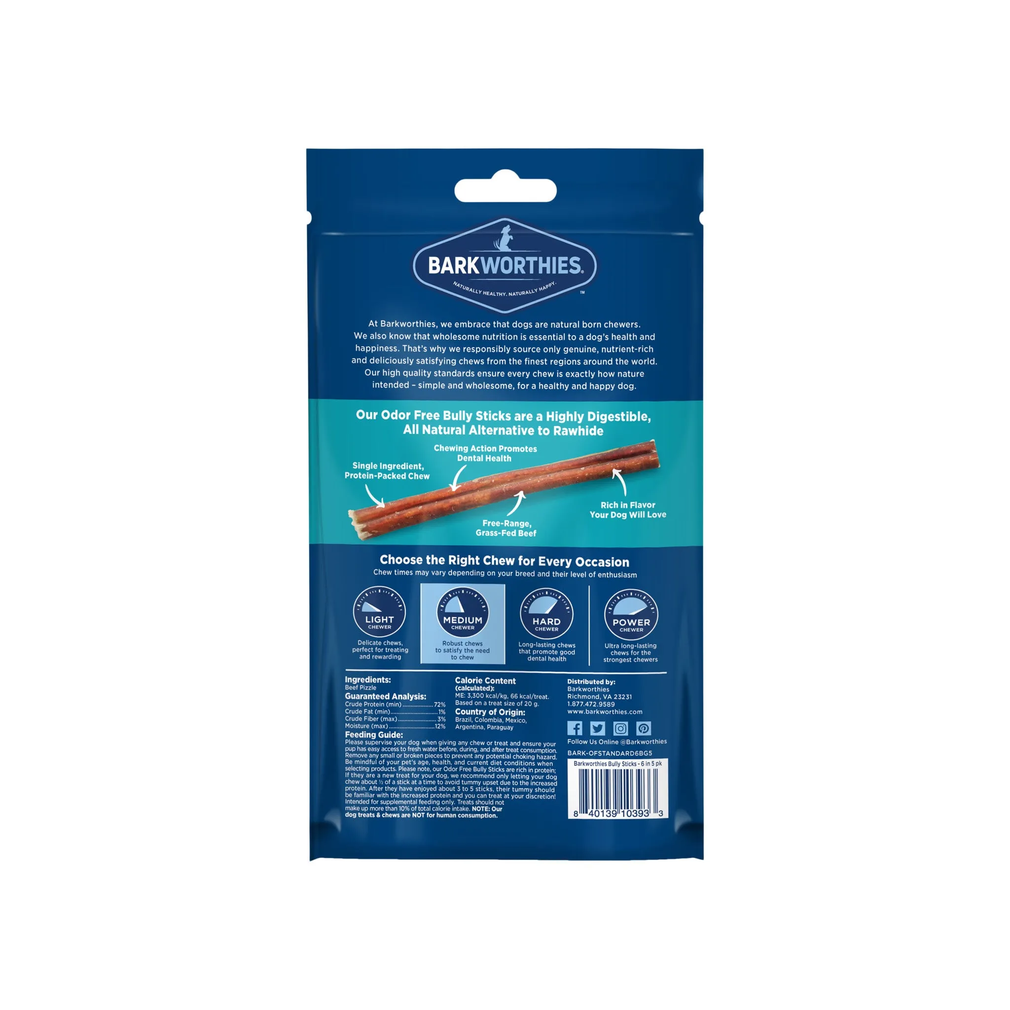 Barkworthies Odor Free Standard Bully Sticks for Dogs