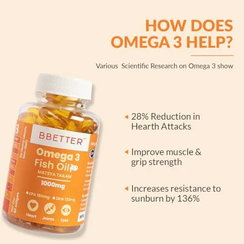 BBETTER Omega 3 Fish Oil Capsules For Heart, Joints & Brain Health, Fish Oil Omega 3 capsule 1000mg for Women & Men 180 mg EPA 120 mg DHA -60 Softgels