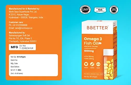 BBETTER Omega 3 Fish Oil Capsules For Heart, Joints & Brain Health, Fish Oil Omega 3 capsule 1000mg for Women & Men 180 mg EPA 120 mg DHA -60 Softgels