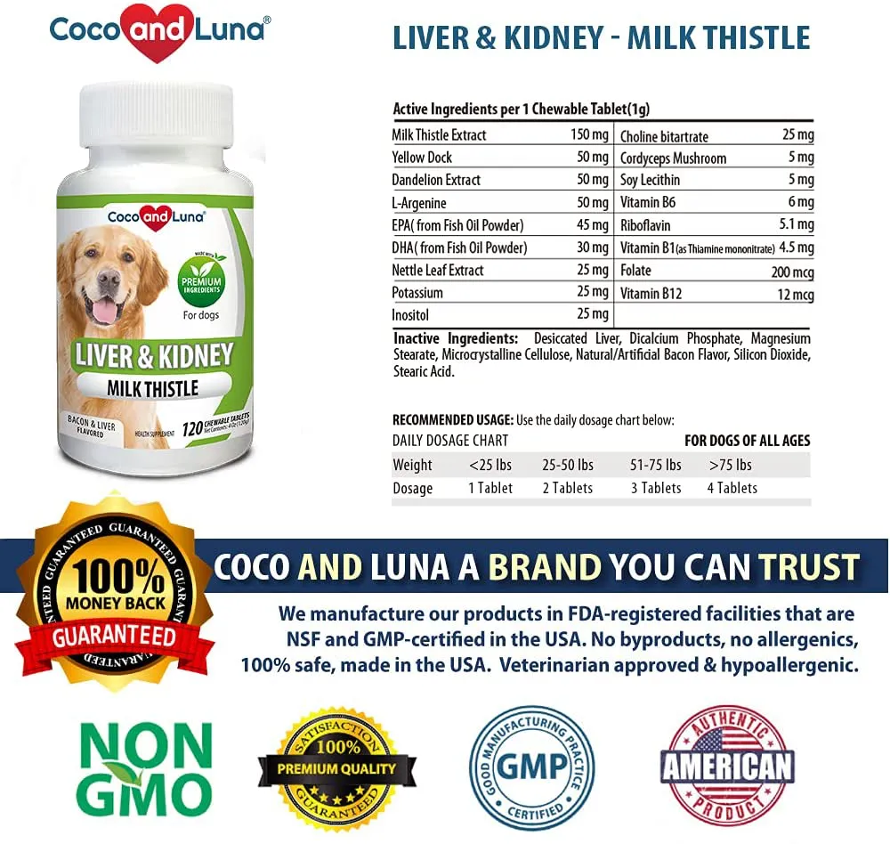 Coco and Luna Milk Thistle for Dogs, Liver Support for Dogs, Detox, Hepatic Support, Promotes Liver Healthy Function for Pets, VIT B1, B2, B6, B12