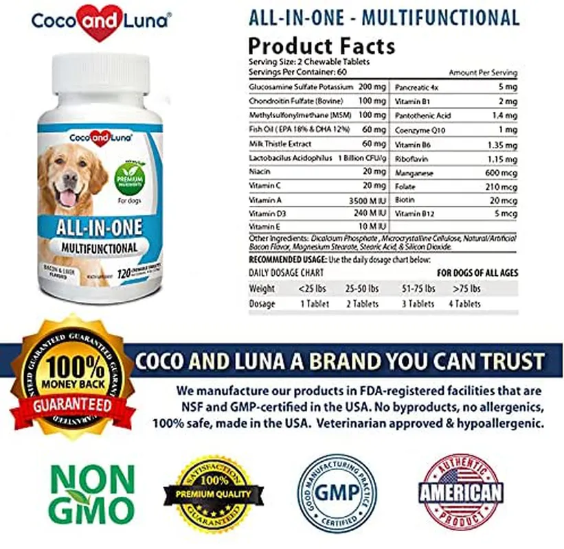 Coco and Luna Multivitamin for Dogs - Glucosamine, Chondroitin, Essential Dog Vitamins, DHA, EPA, Probiotics & Enzymes, Immune Support for Dogs