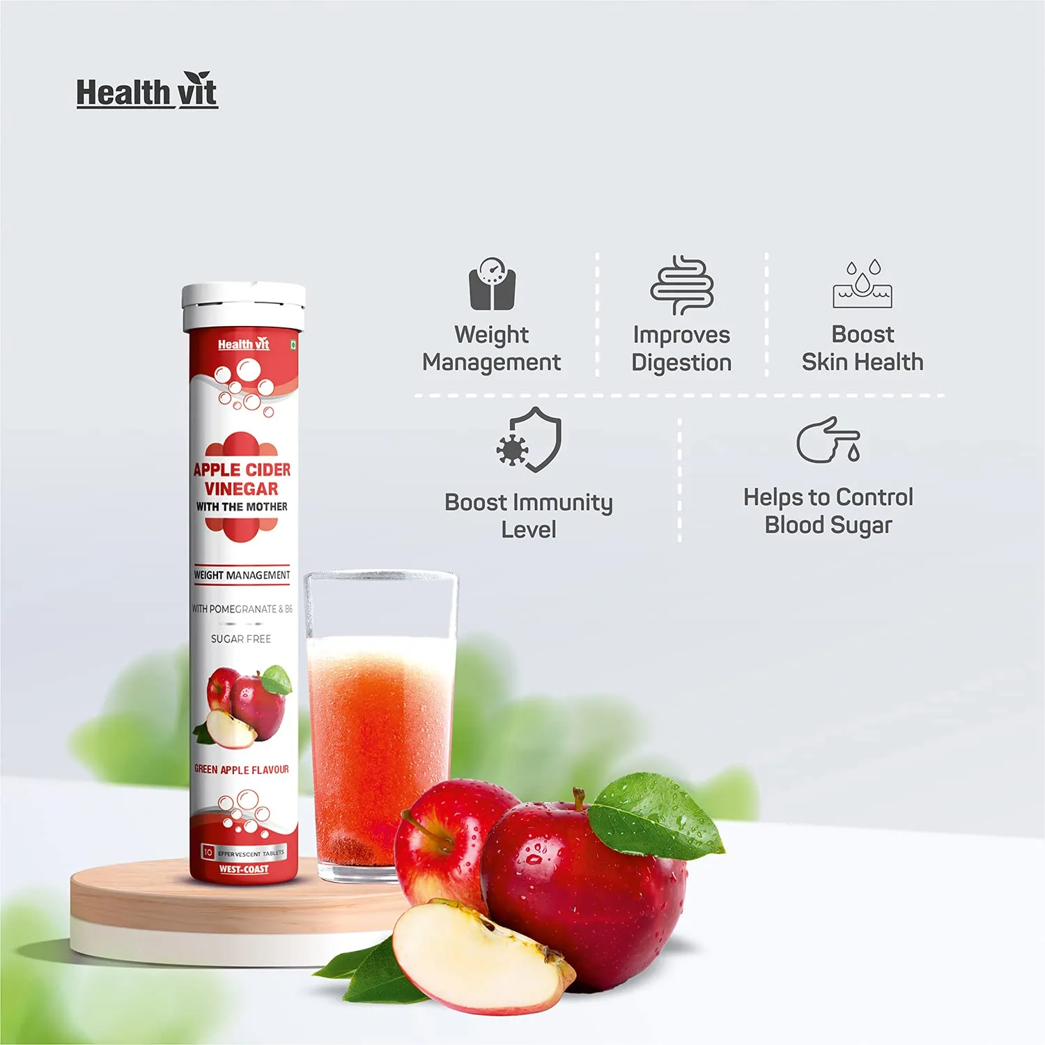 Healthvit Apple Cider Vinegar 500mg with Pomegranate & B6 for Weight Loss, Immunity, Metabolism, Heart health - Sugar Free 10 Effervescent Tablets Green Apple