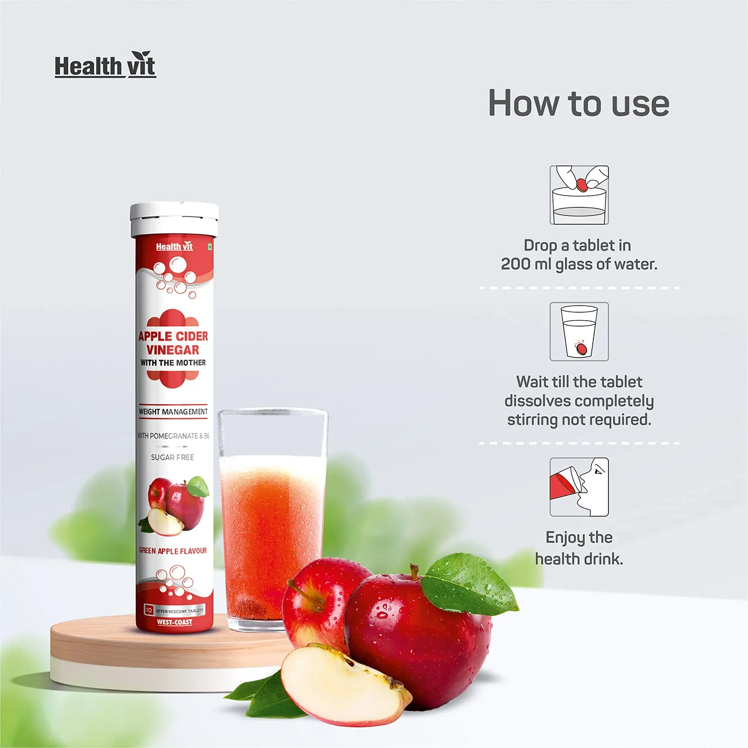 Healthvit Apple Cider Vinegar 500mg with Pomegranate & B6 for Weight Loss, Immunity, Metabolism, Heart health - Sugar Free 10 Effervescent Tablets Green Apple