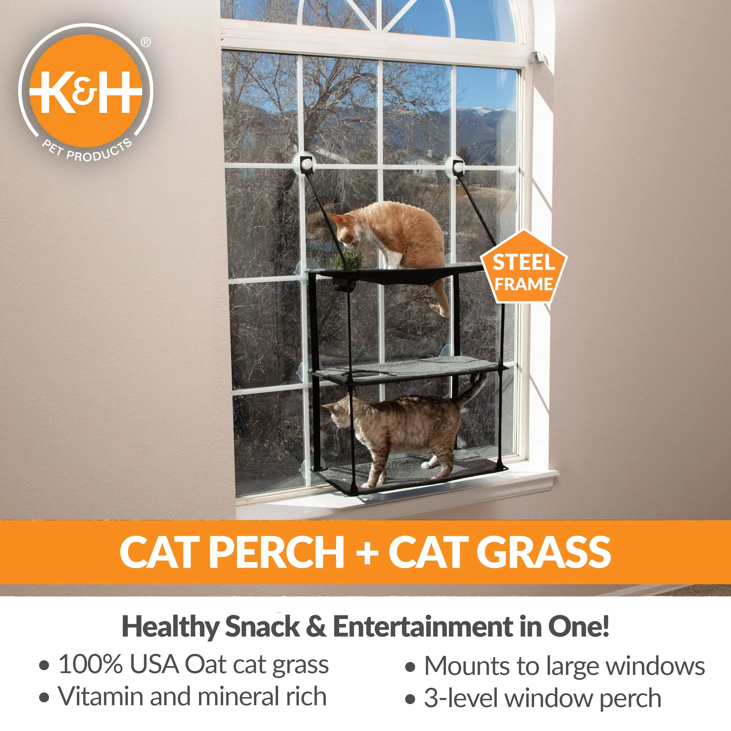 K&H EZ Mount Window Kitty Sill Cat Perch with Cat Grass Grow Station - Multi-Level