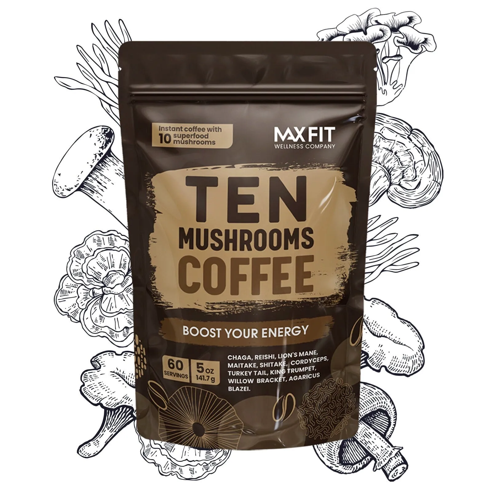 Mushrooms Instant Coffee Organic 60 Servings / Immune Boosting Coffee for Focus & Gut Health Support