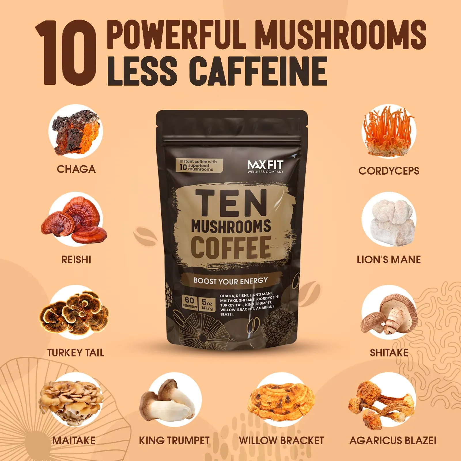 Mushrooms Instant Coffee Organic 60 Servings / Immune Boosting Coffee for Focus & Gut Health Support