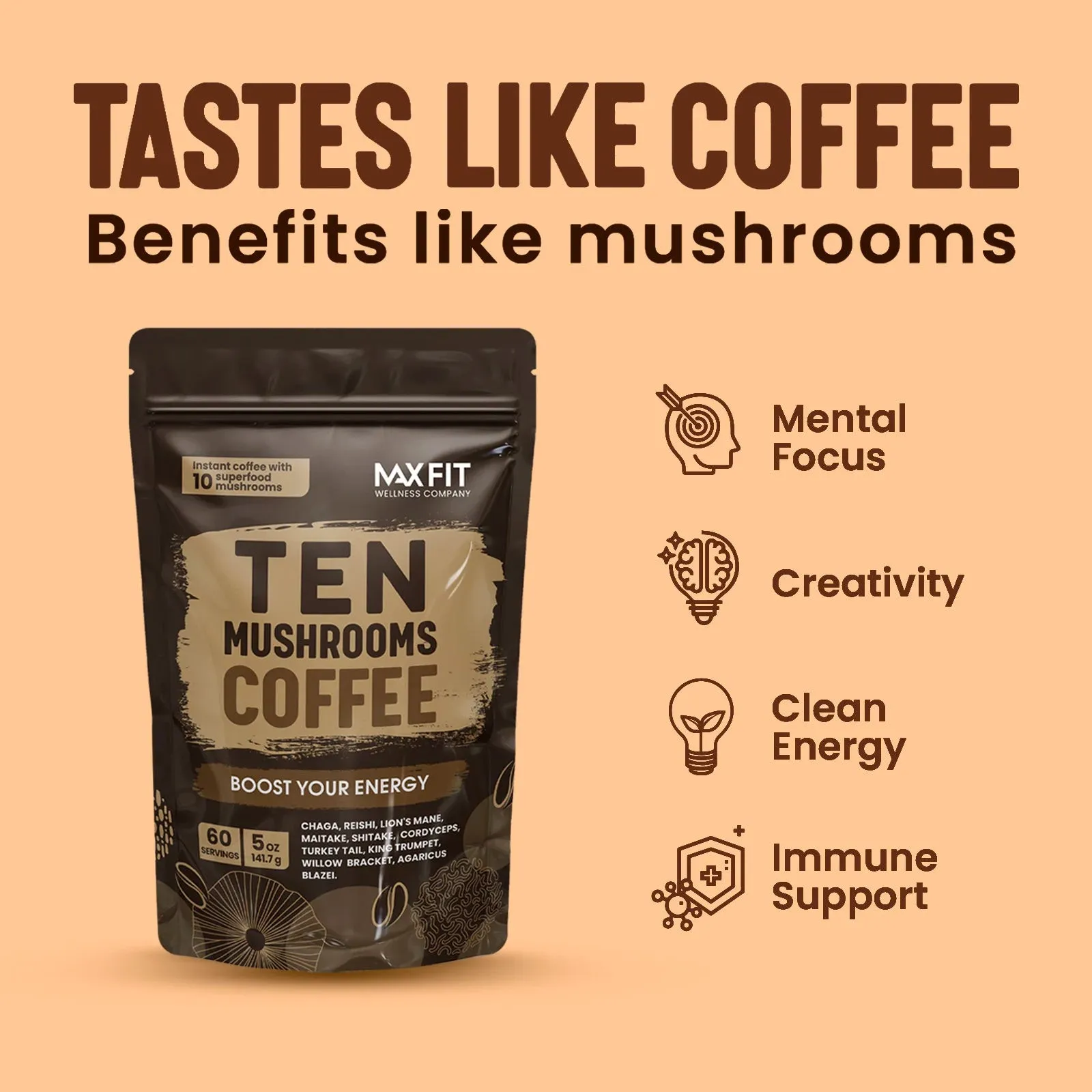 Mushrooms Instant Coffee Organic 60 Servings / Immune Boosting Coffee for Focus & Gut Health Support