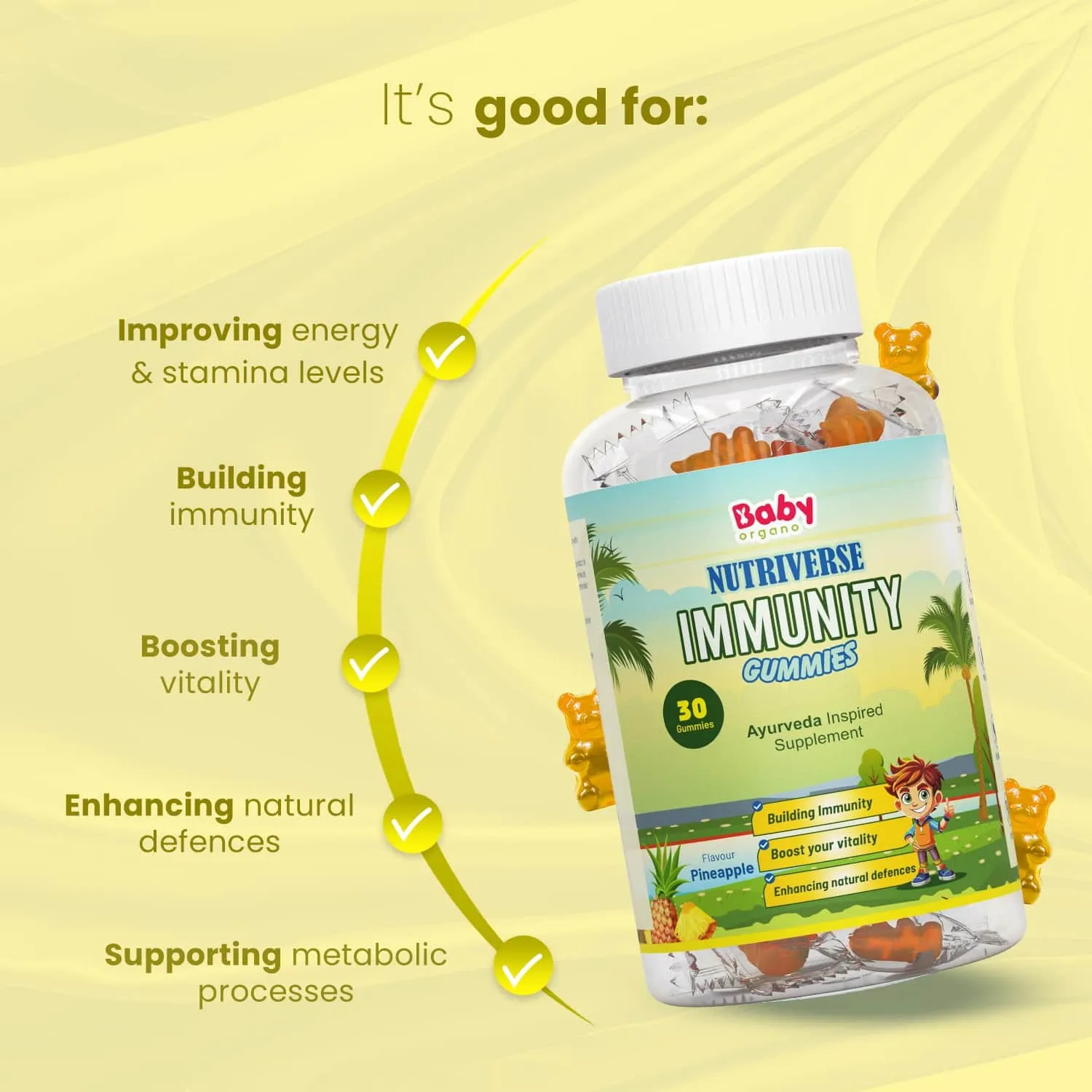 Nutriverse Immunity Gummies for Kids | Made with Guduchi & Turmeric | Support Immune System | Pineapple Flavour