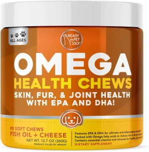 Ready Pet Go! Omega 3 for Dogs | Fish Oil for Dog Shedding, Skin Allergy, Itch Relief, Mange and Hot Spots Treatment | EPA & DHA | Natural Joint Supplement for Dogs, Heart and Brain Health | 90 Chews